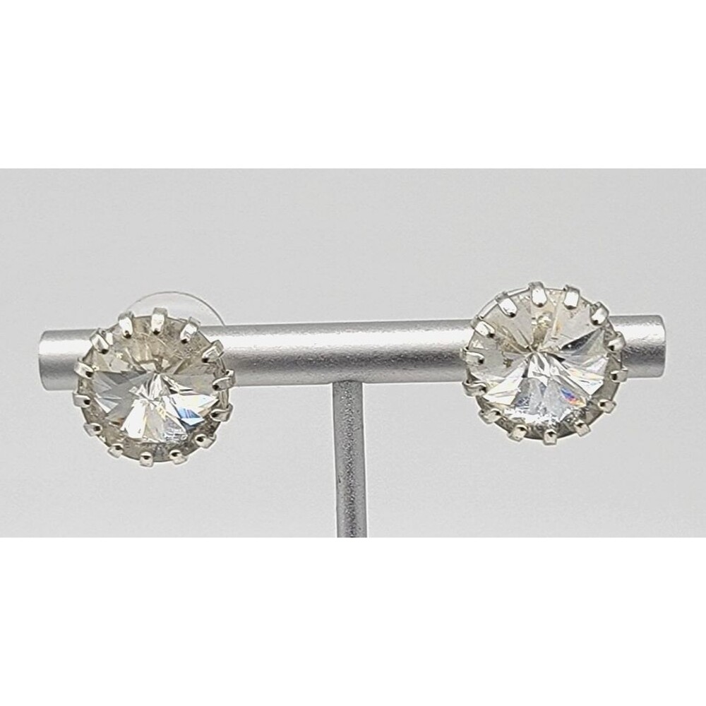 Clear Rhinestone Silver Tone Stud Earrings Round Faceted Glam Costume Vintage